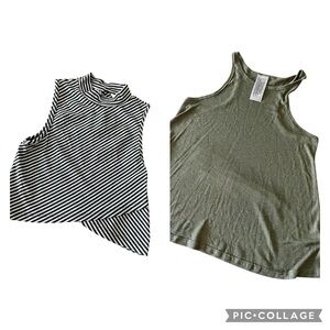 NWOT Free People Lot‎ of 2 | Olive Ribbed Tank + Black Gray Mockneck Tank Medium